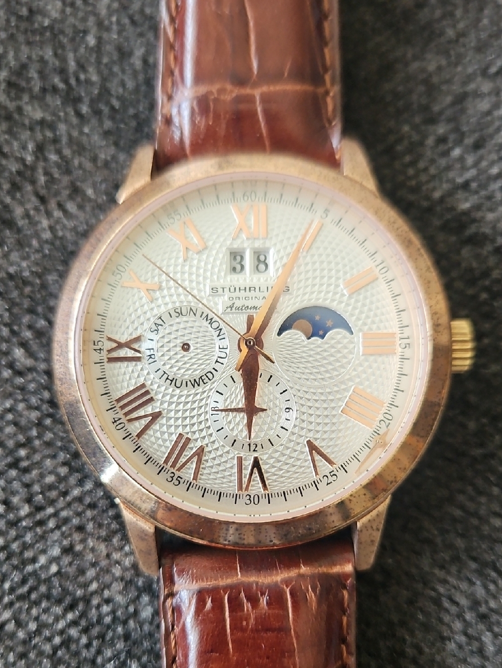 Stuhrling Original Gold Case Brown Genuine Leather Strap Men’s Moonphase Watch